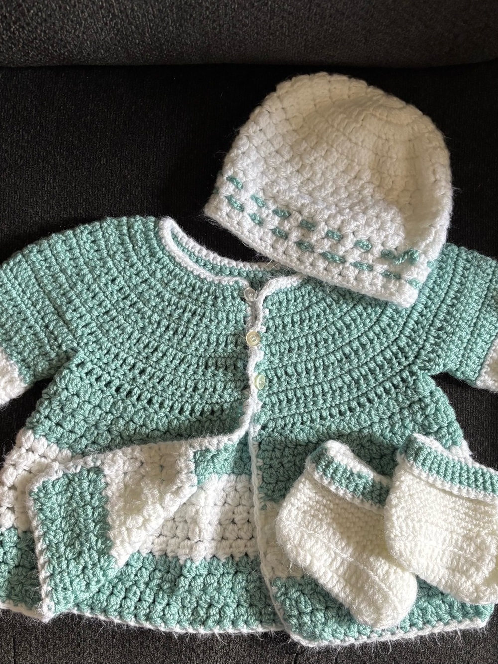Handmade Crocheted Baby Cardigan Set in Mint Green & White